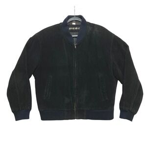 VINTAGE Wear Me Out Suede Bomber Jacket Mens L Black Ribbed Collar Zip Front